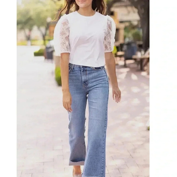 SOUTHERN GRACE White Blossoms Short Puff Sleeve Blouse Cottage Coastal Chic - Picture 5 of 7